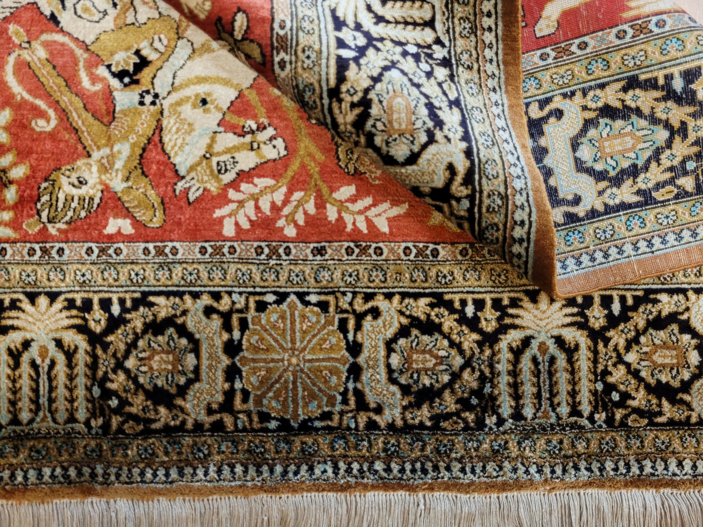 Ghom Seide auf Seide Teppich Jagdmotiv feine Knüpfung