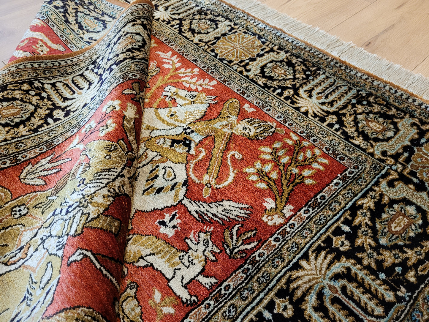 Ghom Seide auf Seide Teppich Jagdmotiv feine Knüpfung