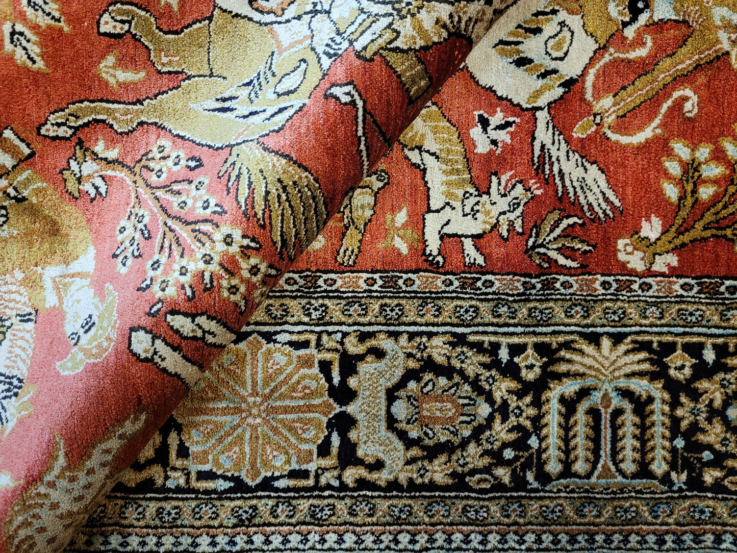 Ghom Seide auf Seide Teppich Jagdmotiv feine Knüpfung