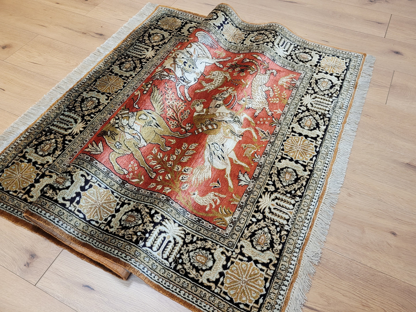 Ghom Seide auf Seide Teppich Jagdmotiv feine Knüpfung