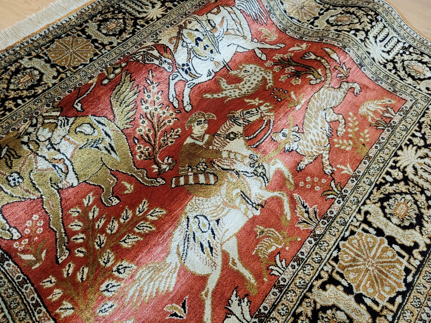 Ghom Seide auf Seide Teppich Jagdmotiv feine Knüpfung