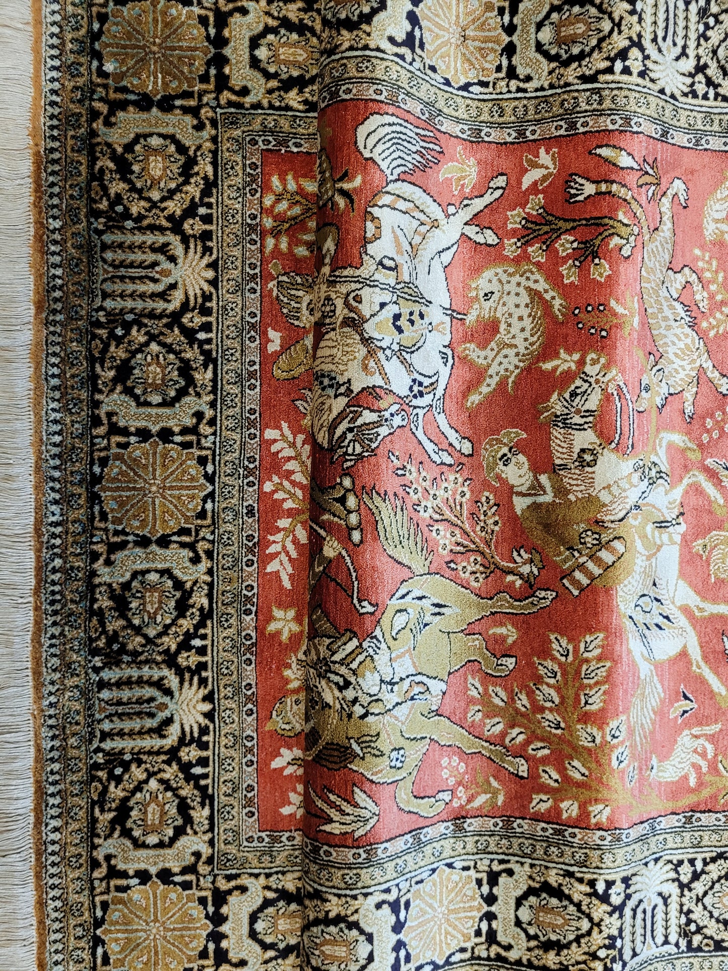 Ghom Seide auf Seide Teppich Jagdmotiv feine Knüpfung