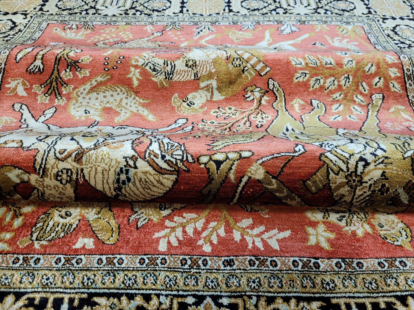 Ghom Seide auf Seide Teppich Jagdmotiv feine Knüpfung