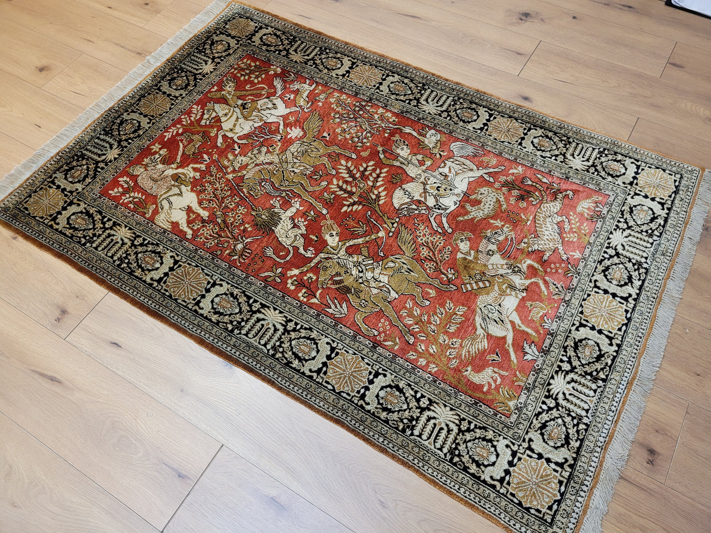 Ghom Seide auf Seide Teppich Jagdmotiv feine Knüpfung