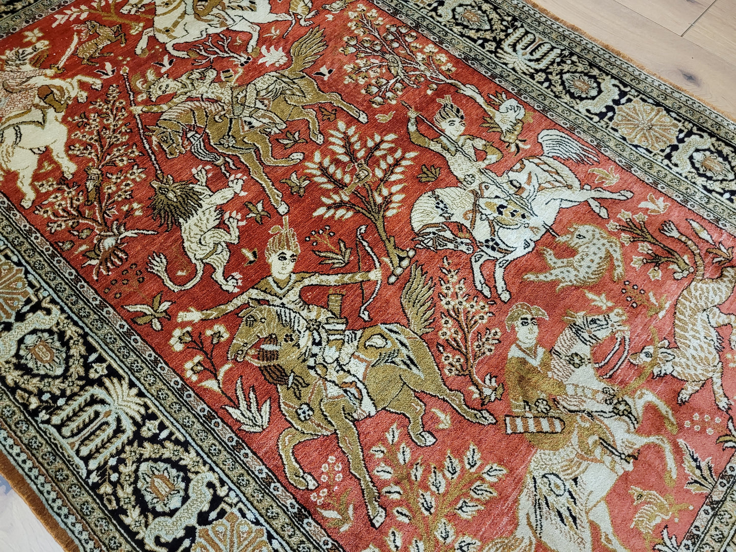Ghom Seide auf Seide Teppich Jagdmotiv feine Knüpfung