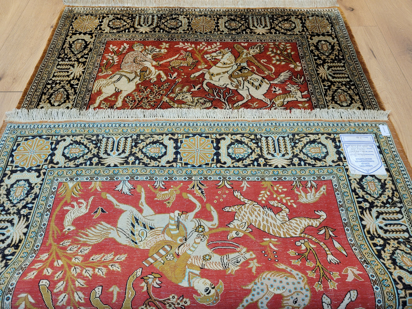 Ghom Seide auf Seide Teppich Jagdmotiv feine Knüpfung