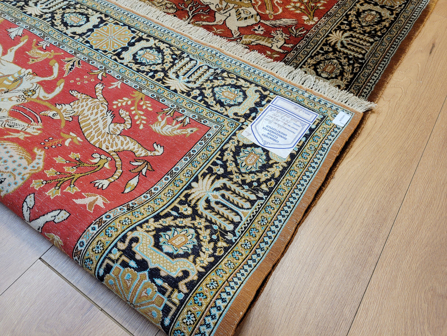 Ghom Seide auf Seide Teppich Jagdmotiv feine Knüpfung