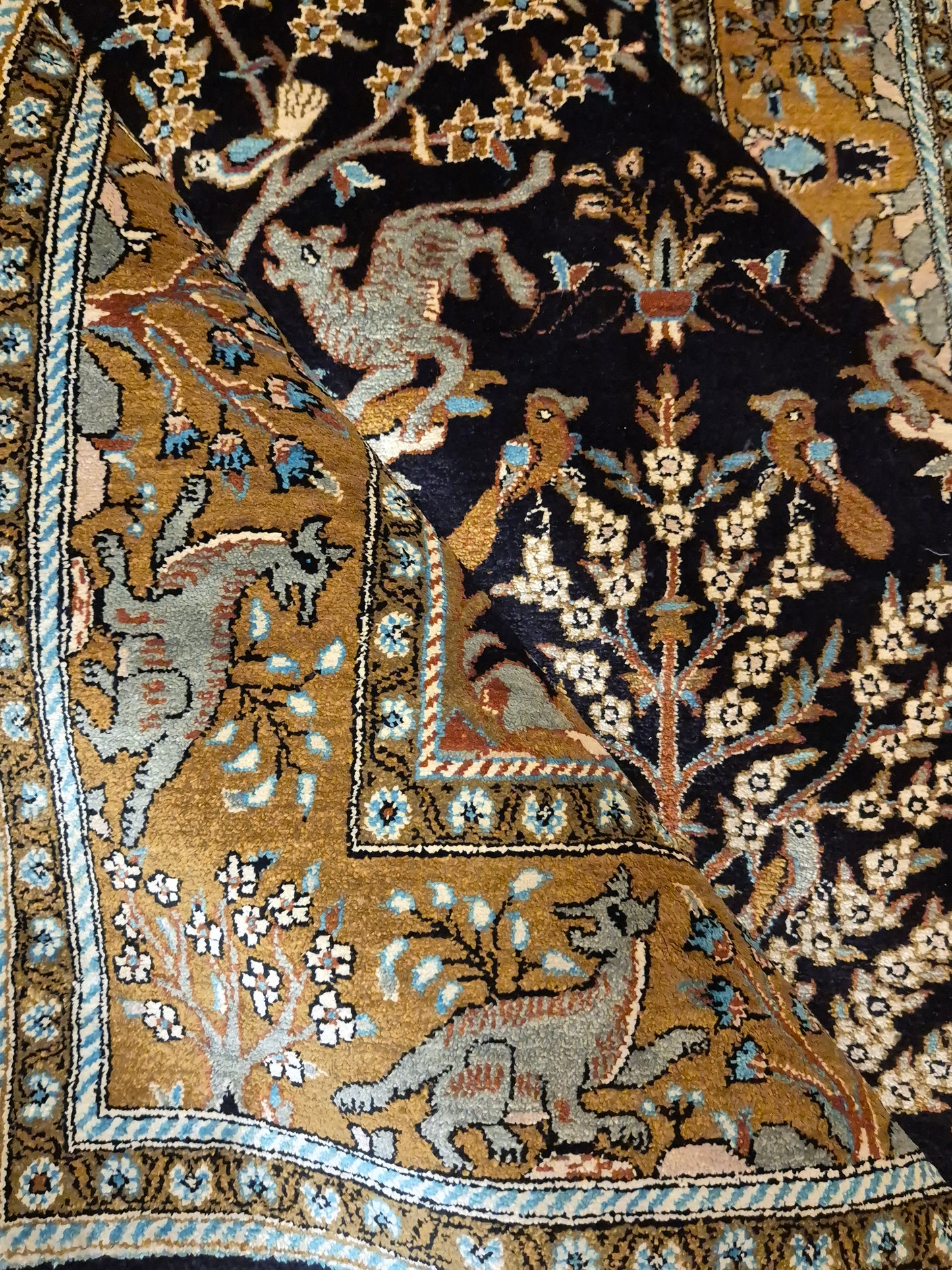 Ghom Seide Teppich Seide auf Seide Jagdmotiv feine Knüpfung