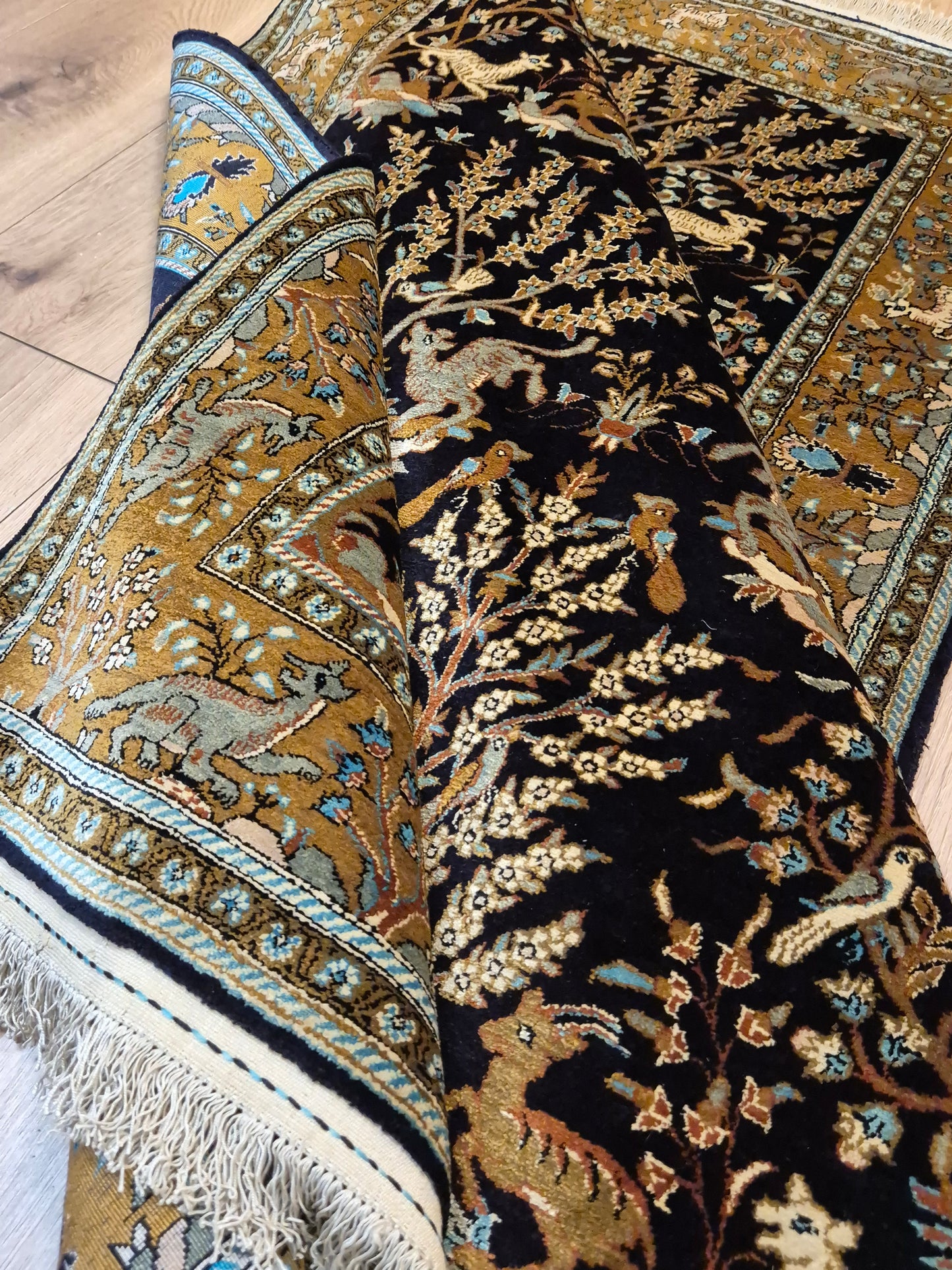 Ghom Seide Teppich Seide auf Seide Jagdmotiv feine Knüpfung