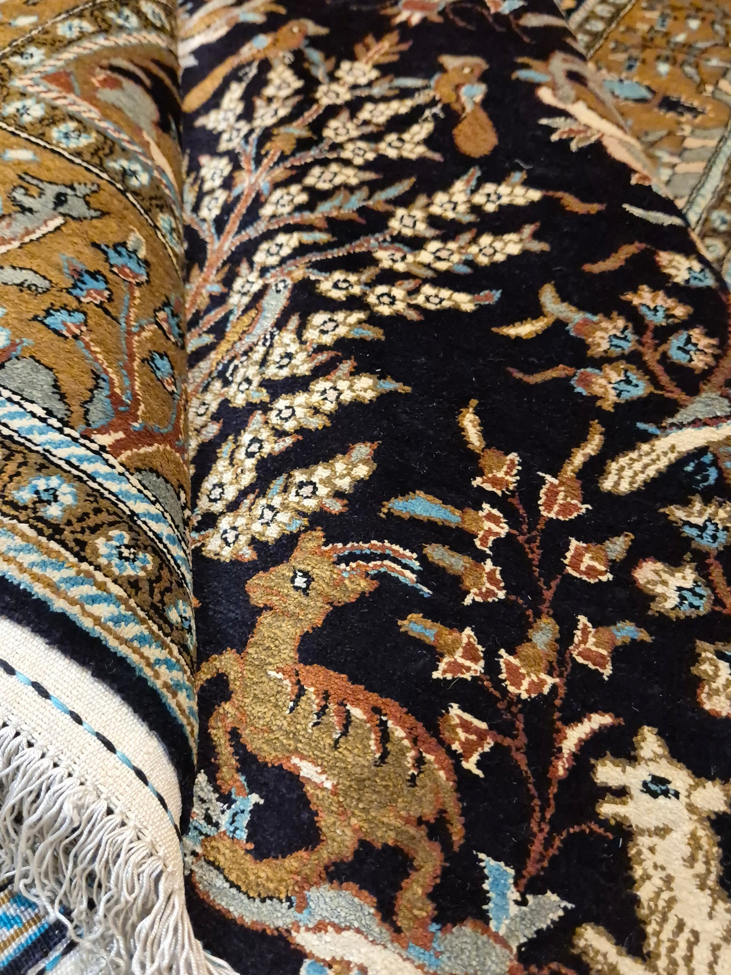 Ghom Seide Teppich Seide auf Seide Jagdmotiv feine Knüpfung