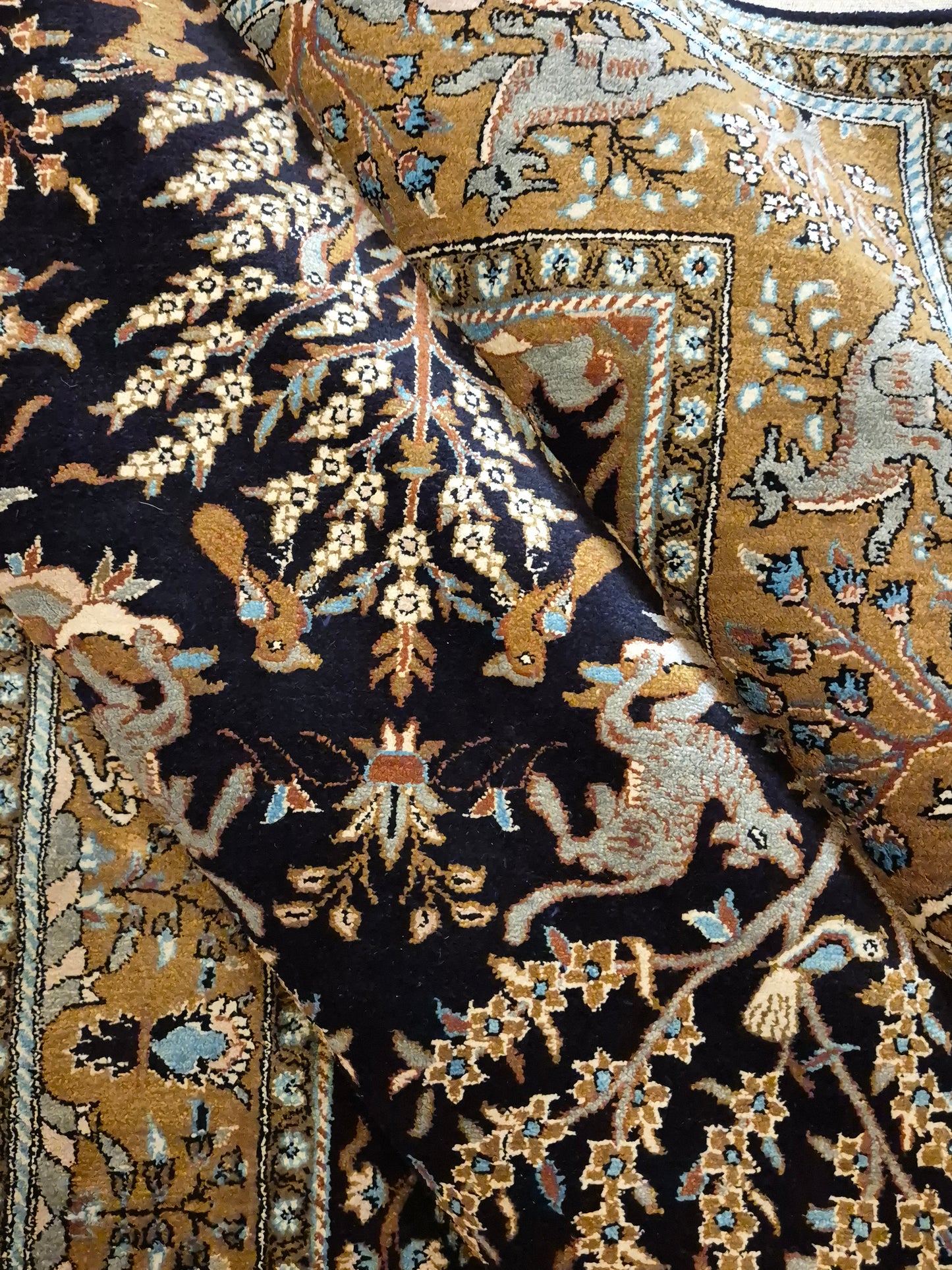 Ghom Seide Teppich Seide auf Seide Jagdmotiv feine Knüpfung