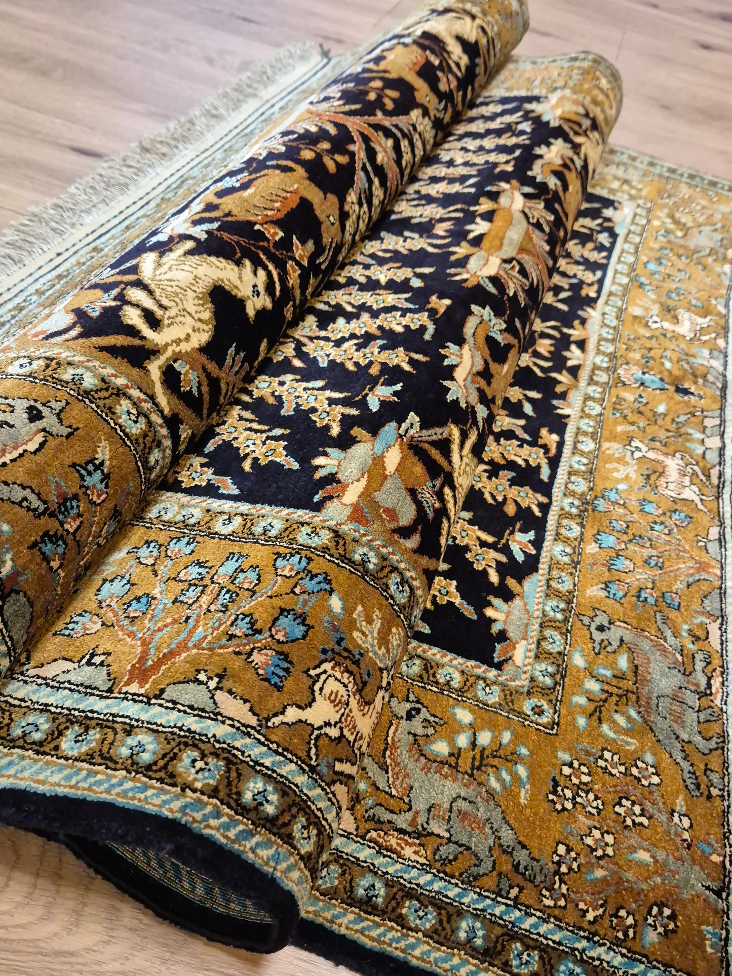 Ghom Seide Teppich Seide auf Seide Jagdmotiv feine Knüpfung