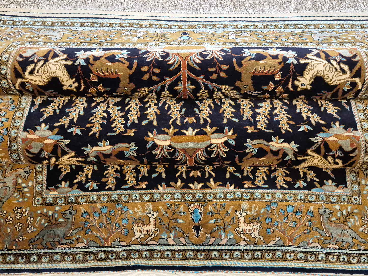 Ghom Seide Teppich Seide auf Seide Jagdmotiv feine Knüpfung