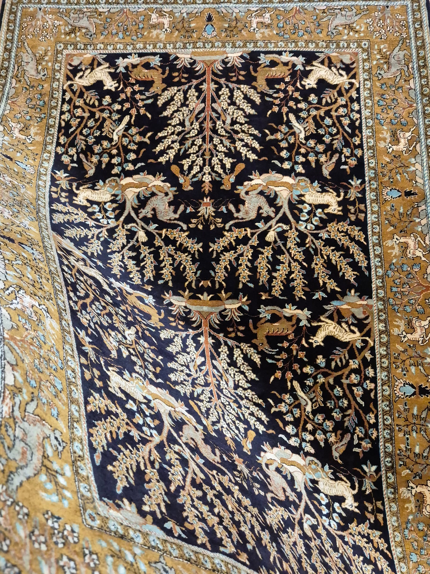 Ghom Seide Teppich Seide auf Seide Jagdmotiv feine Knüpfung