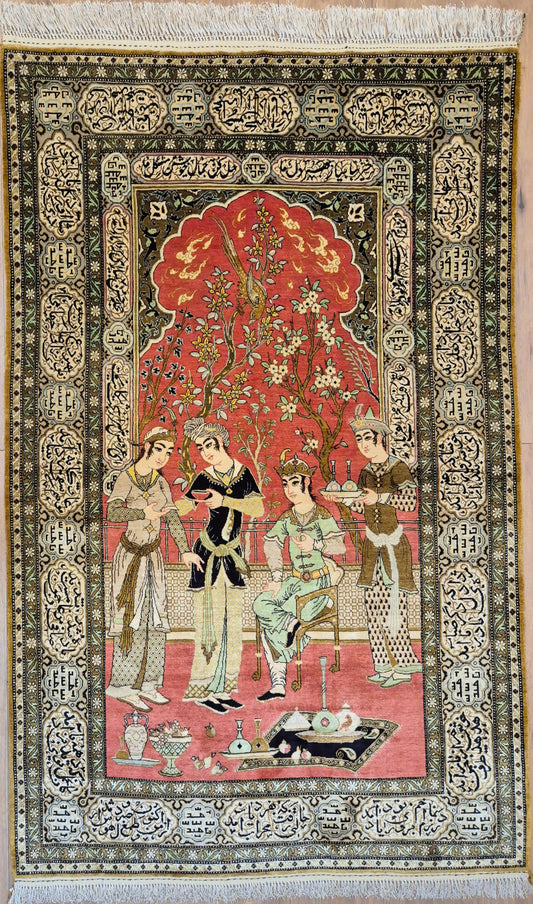 Ghom Seide Teppich Seide auf Seide figürliche Szene feine Knüpfung