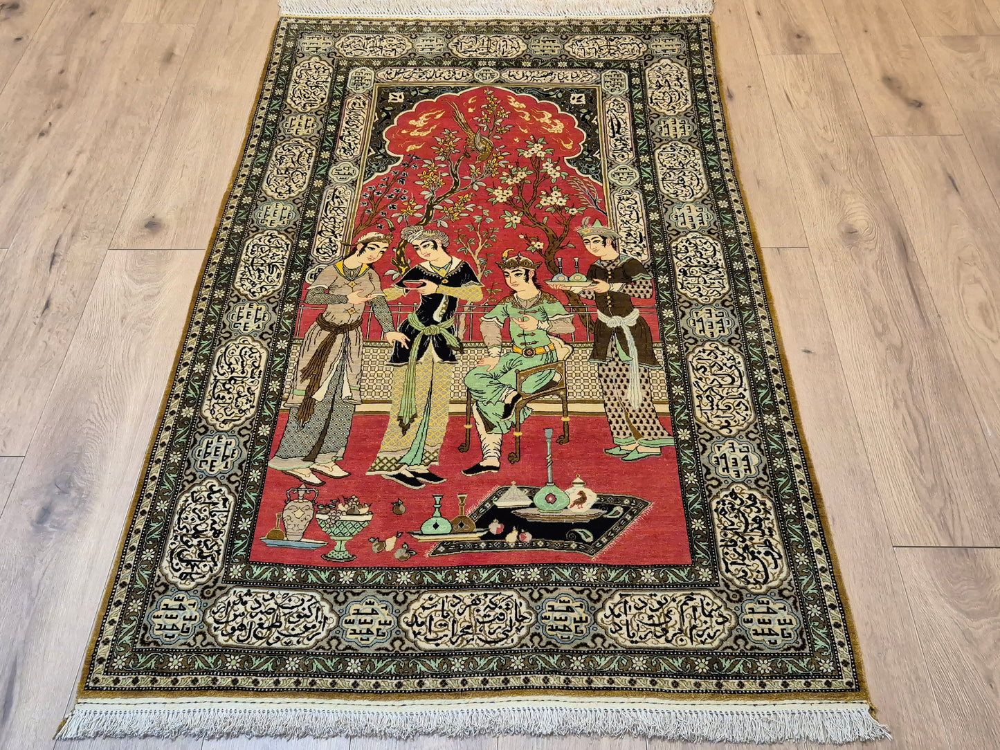 Ghom Seide Teppich Seide auf Seide figürliche Szene feine Knüpfung