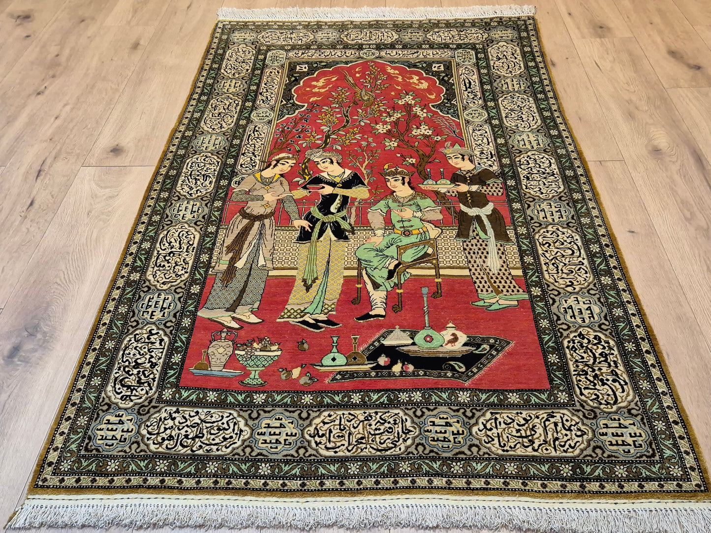 Ghom Seide Teppich Seide auf Seide figürliche Szene feine Knüpfung