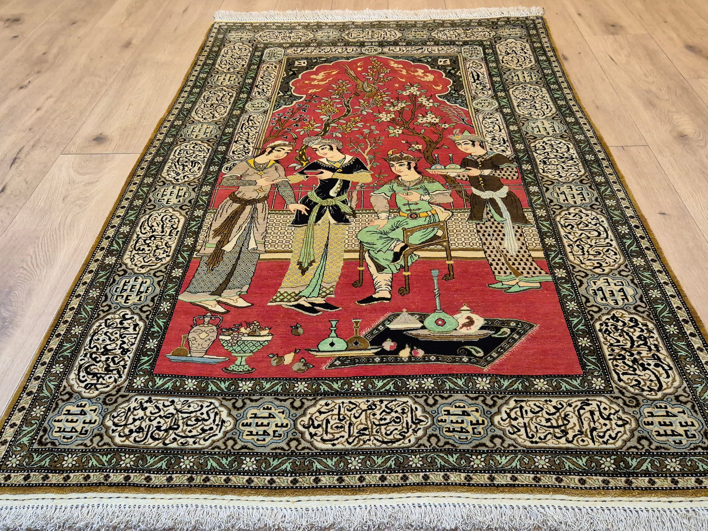 Ghom Seide Teppich Seide auf Seide figürliche Szene feine Knüpfung