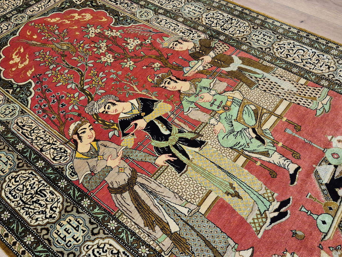 Ghom Seide Teppich Seide auf Seide figürliche Szene feine Knüpfung
