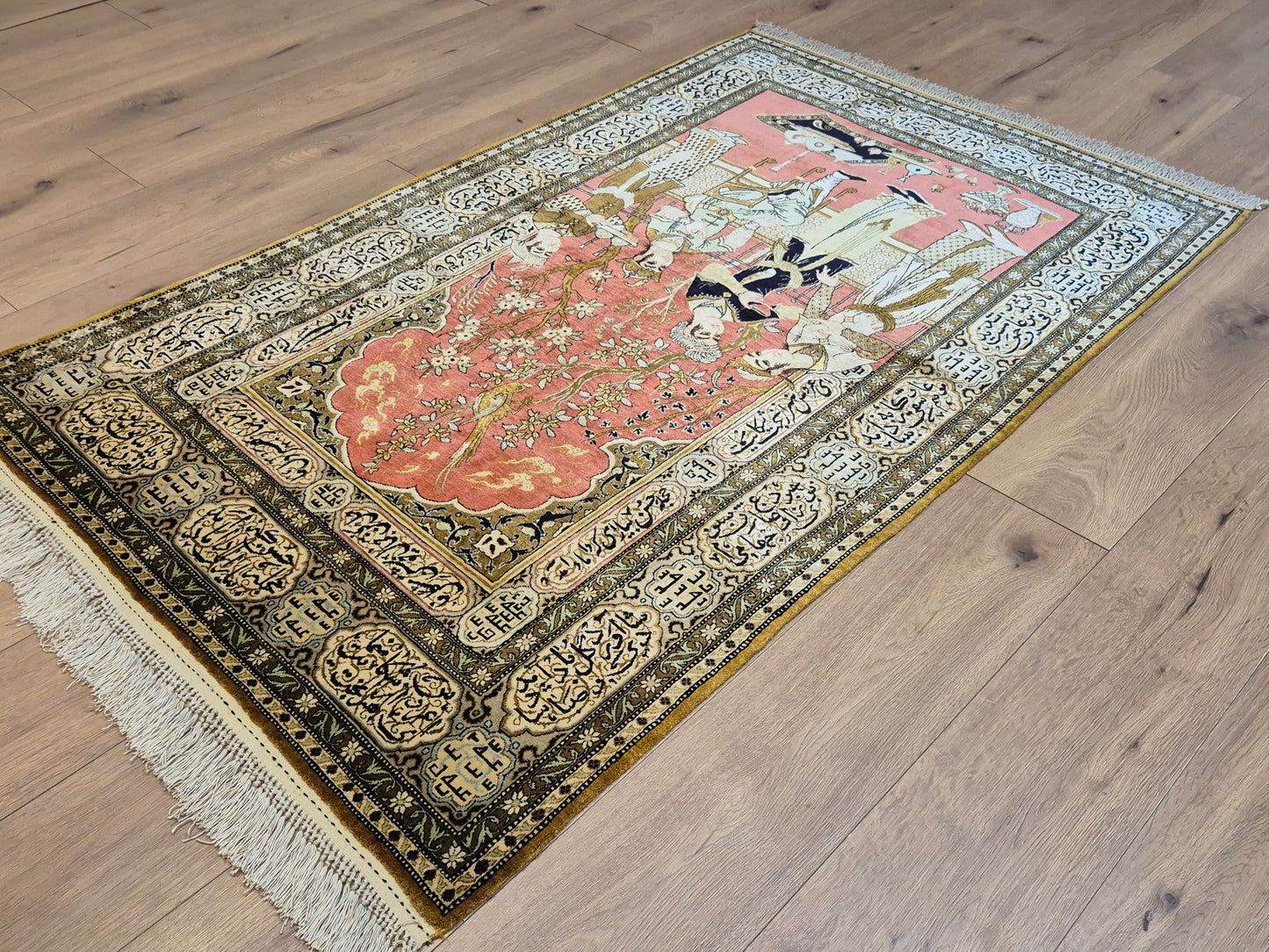 Ghom Seide Teppich Seide auf Seide figürliche Szene feine Knüpfung