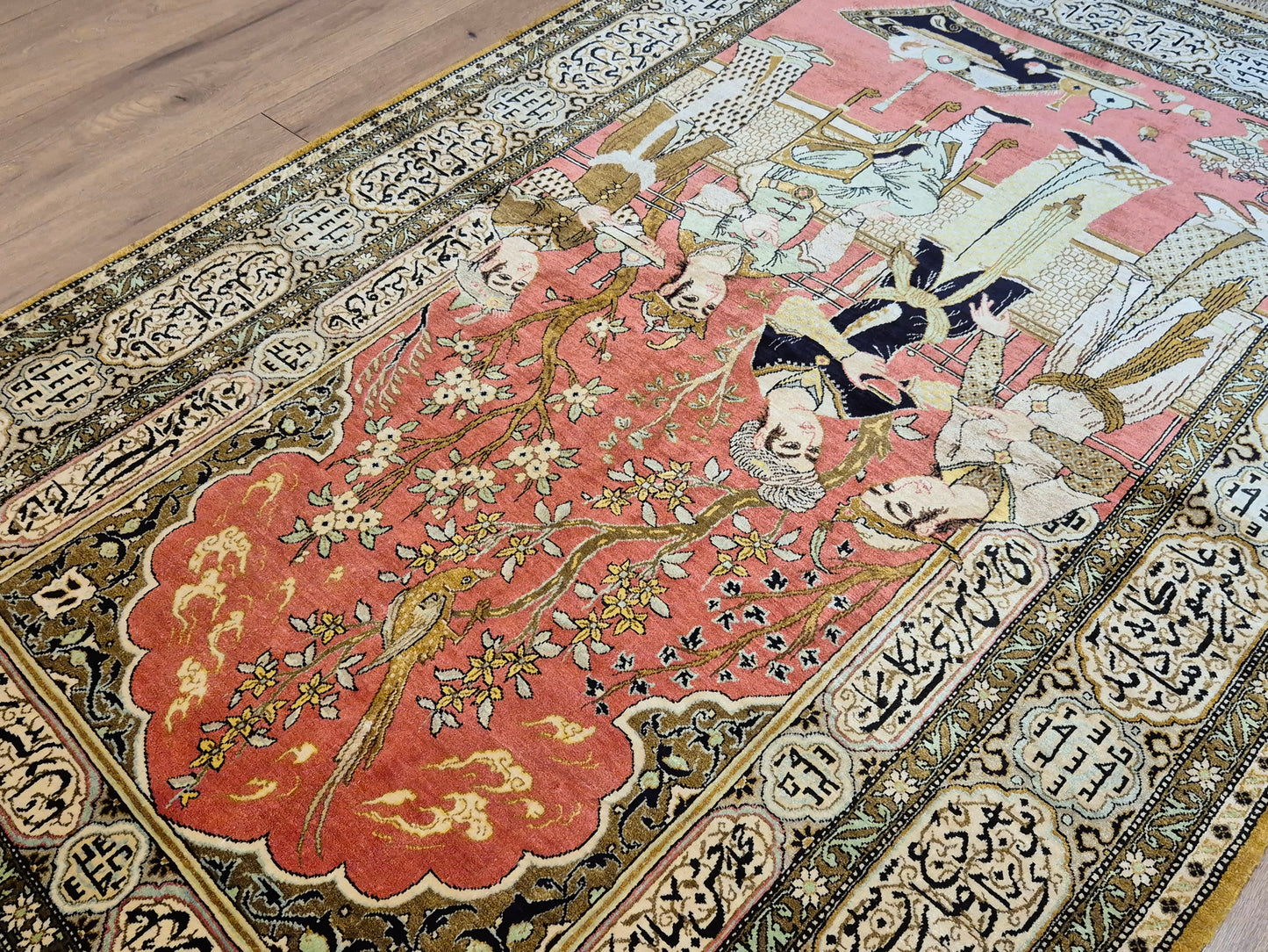 Ghom Seide Teppich Seide auf Seide figürliche Szene feine Knüpfung