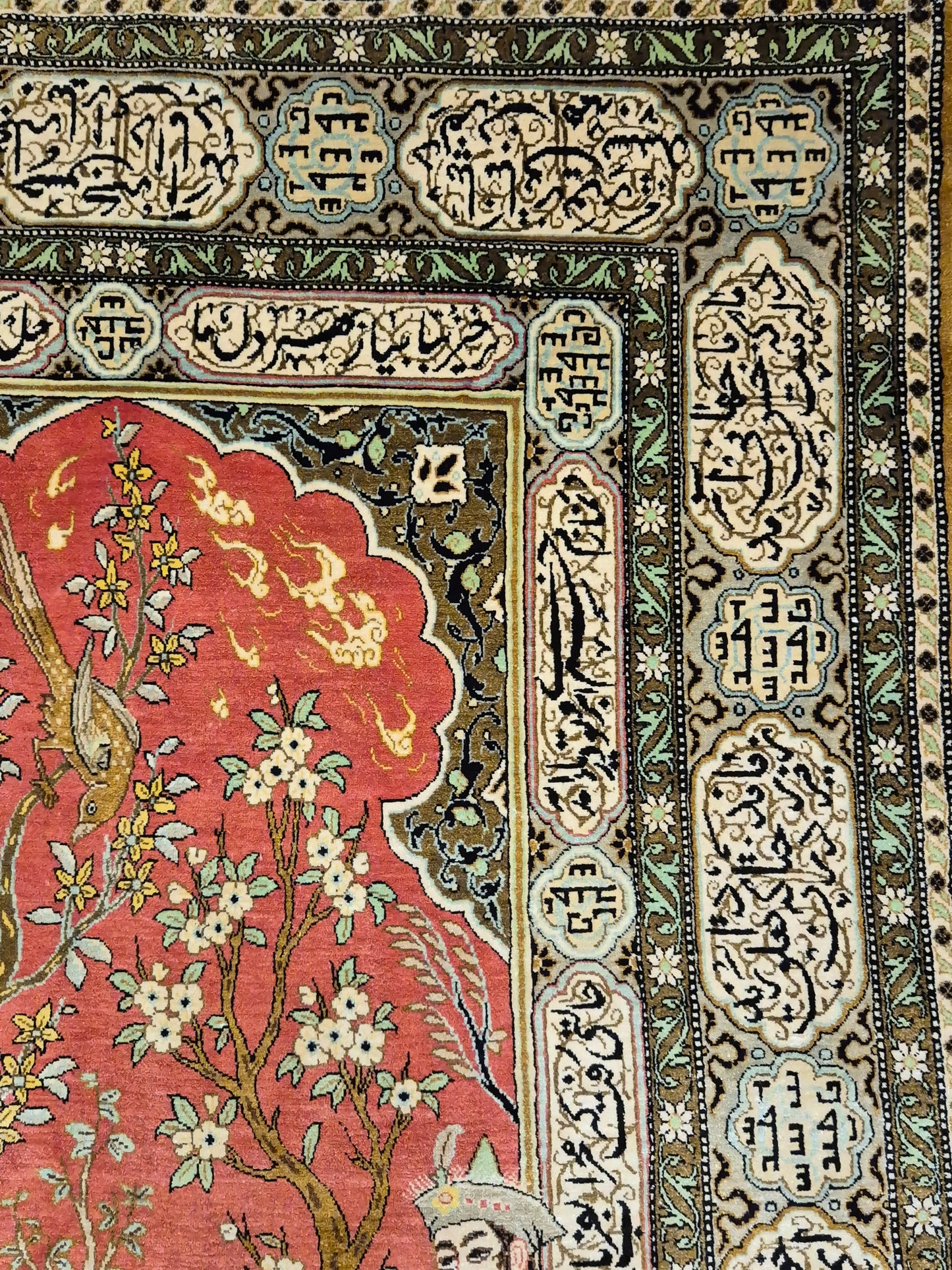 Ghom Seide Teppich Seide auf Seide figürliche Szene feine Knüpfung