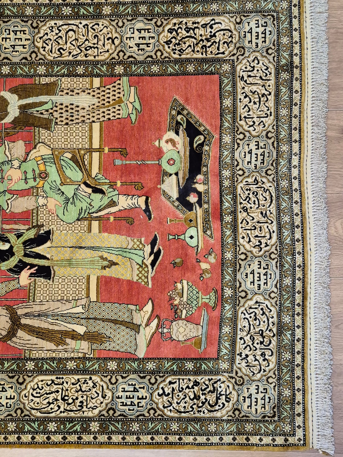 Ghom Seide Teppich Seide auf Seide figürliche Szene feine Knüpfung