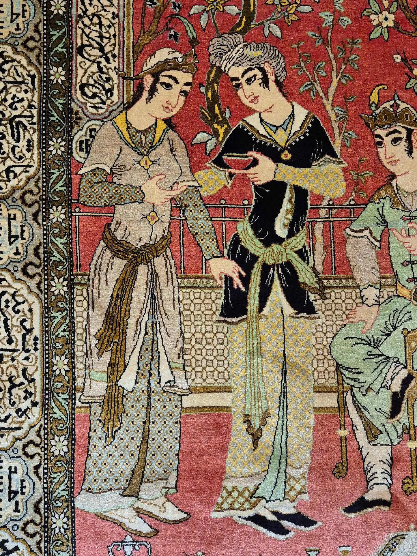 Ghom Seide Teppich Seide auf Seide figürliche Szene feine Knüpfung