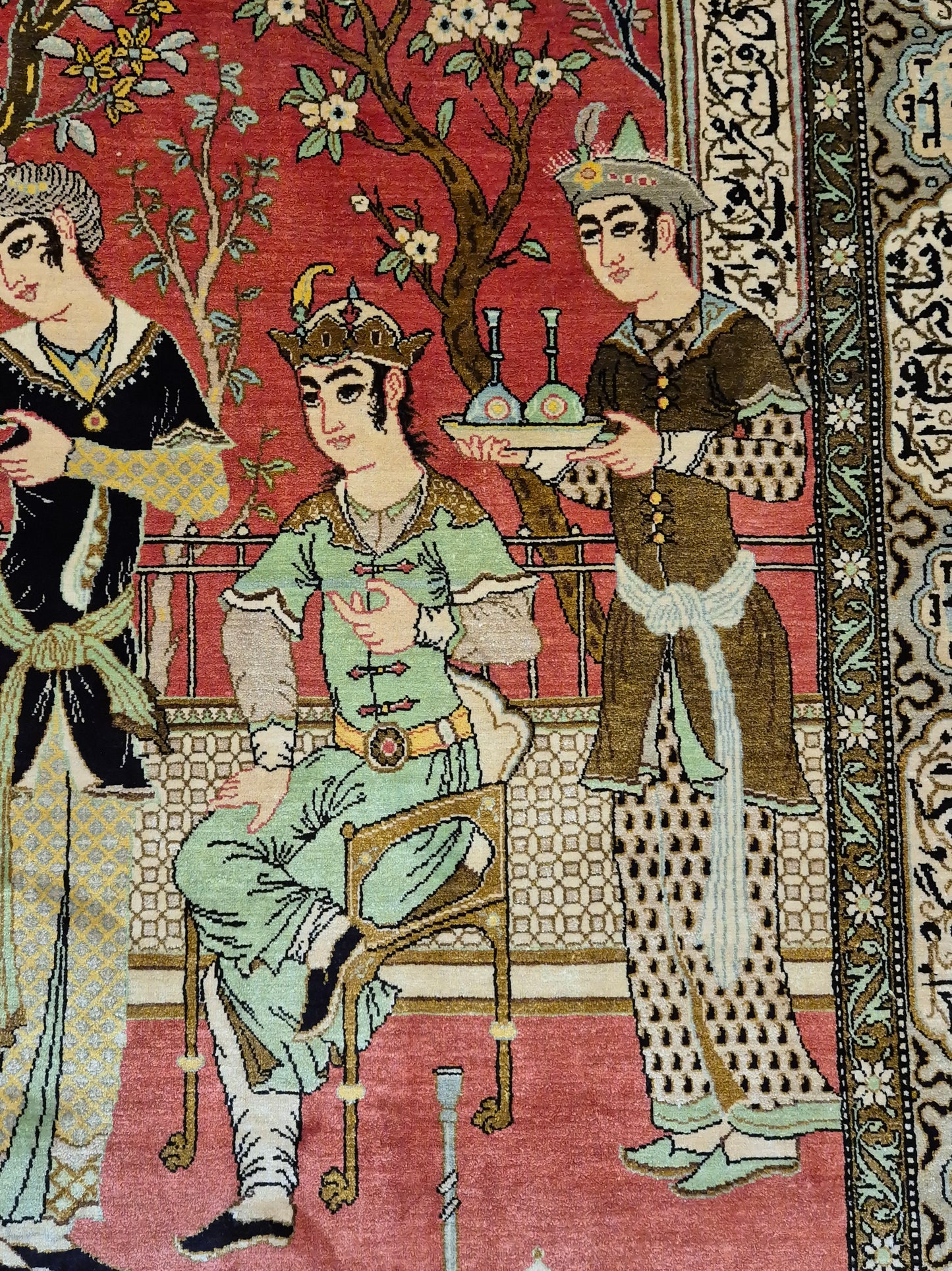 Ghom Seide Teppich Seide auf Seide figürliche Szene feine Knüpfung