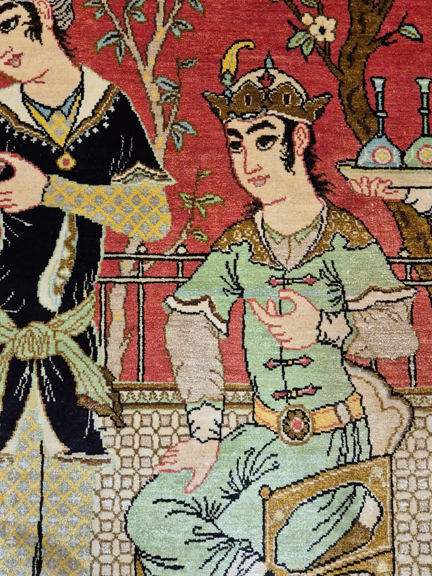 Ghom Seide Teppich Seide auf Seide figürliche Szene feine Knüpfung