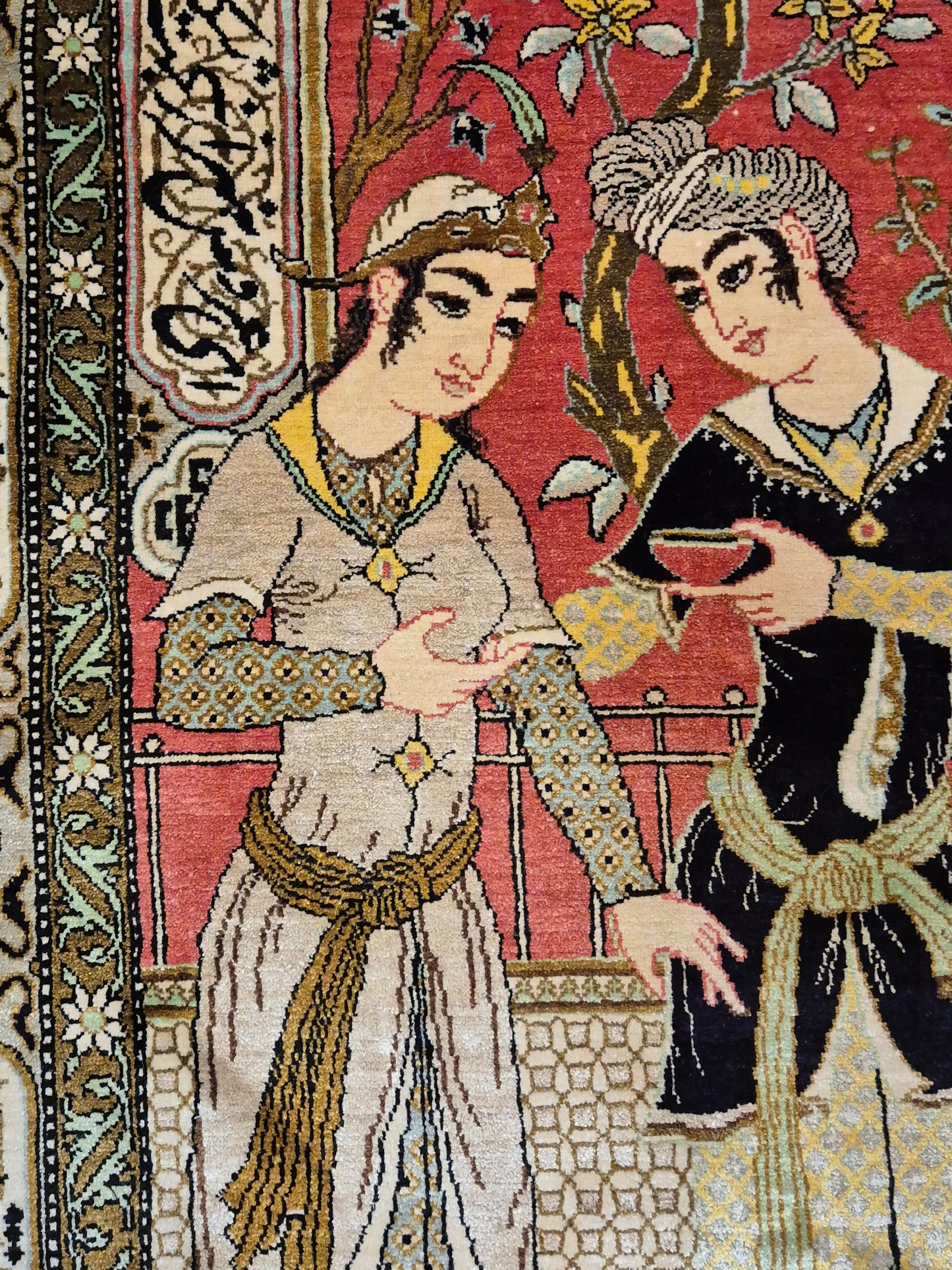 Ghom Seide Teppich Seide auf Seide figürliche Szene feine Knüpfung