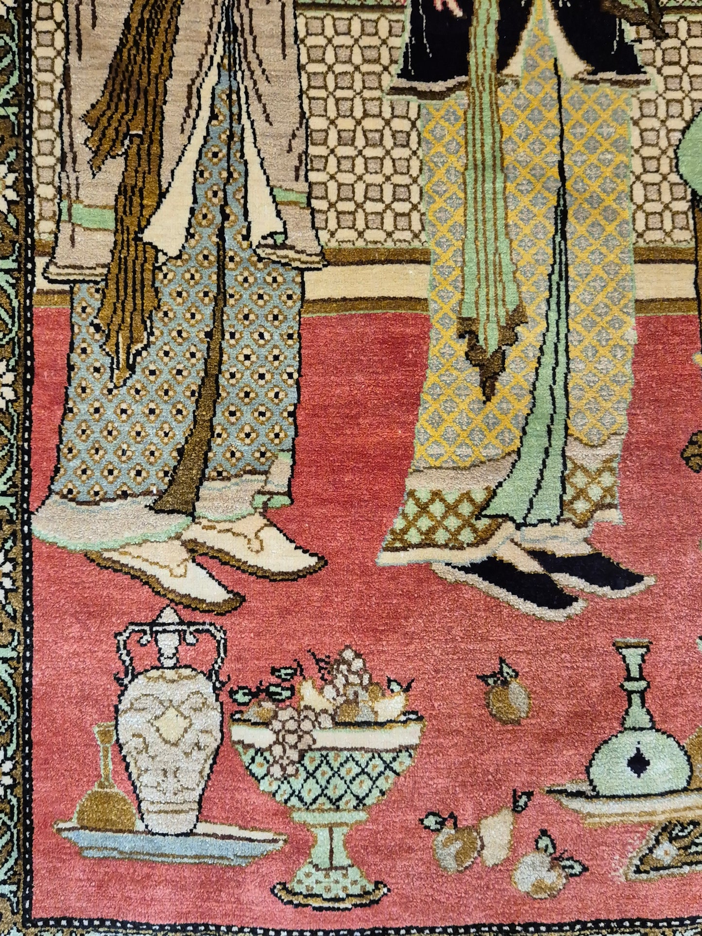 Ghom Seide Teppich Seide auf Seide figürliche Szene feine Knüpfung