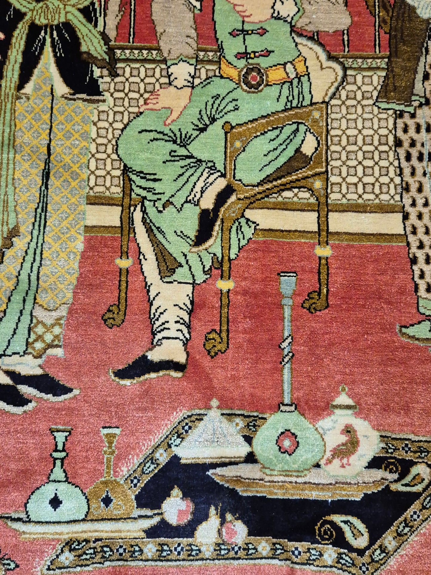 Ghom Seide Teppich Seide auf Seide figürliche Szene feine Knüpfung