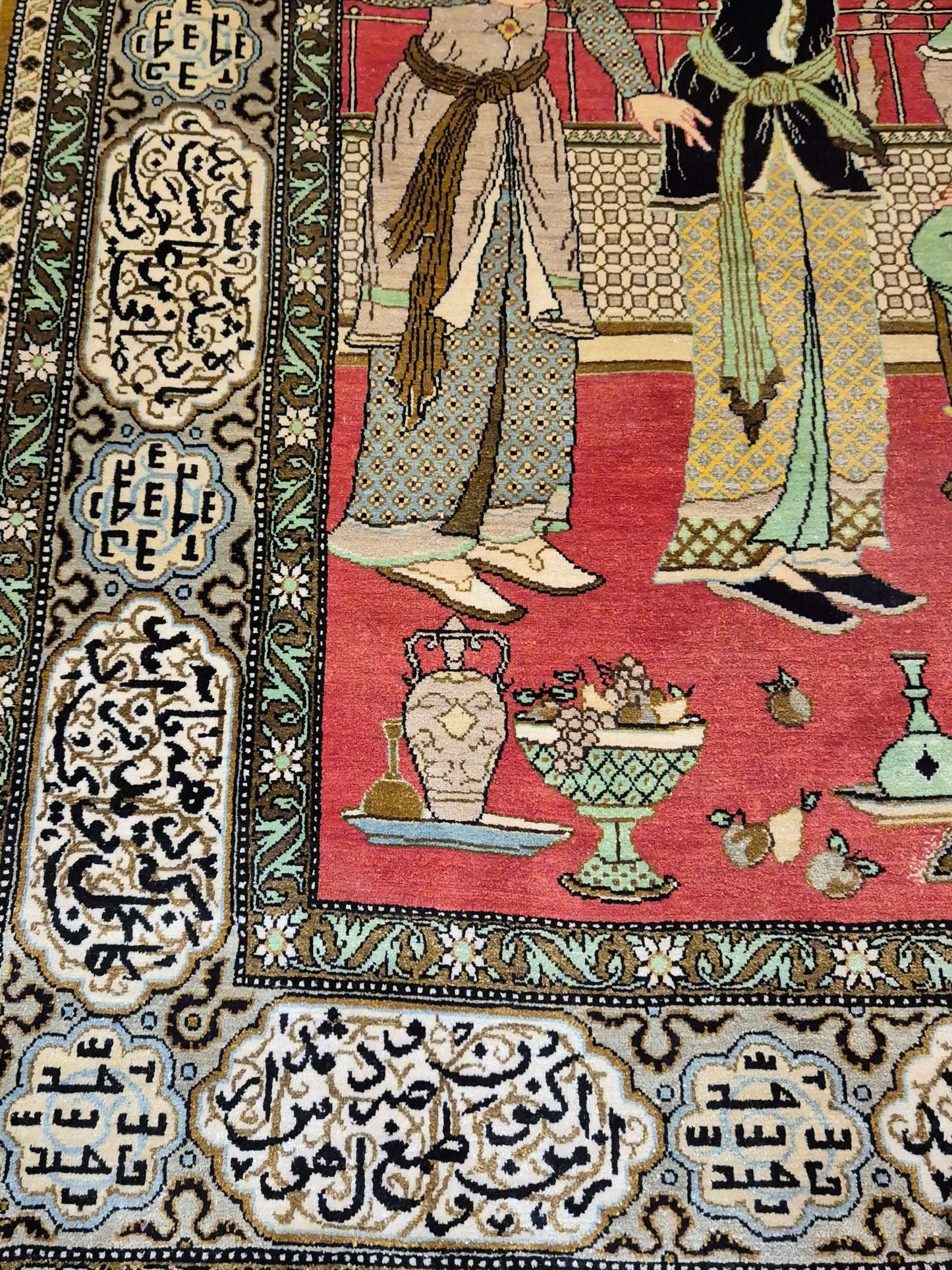 Ghom Seide Teppich Seide auf Seide figürliche Szene feine Knüpfung