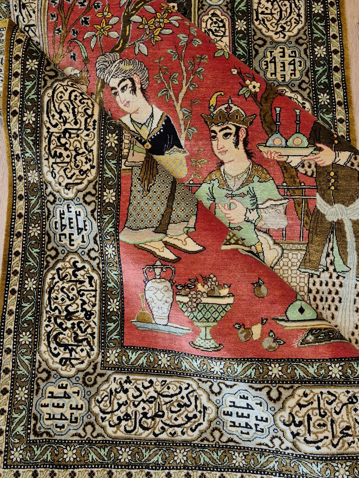 Ghom Seide Teppich Seide auf Seide figürliche Szene feine Knüpfung