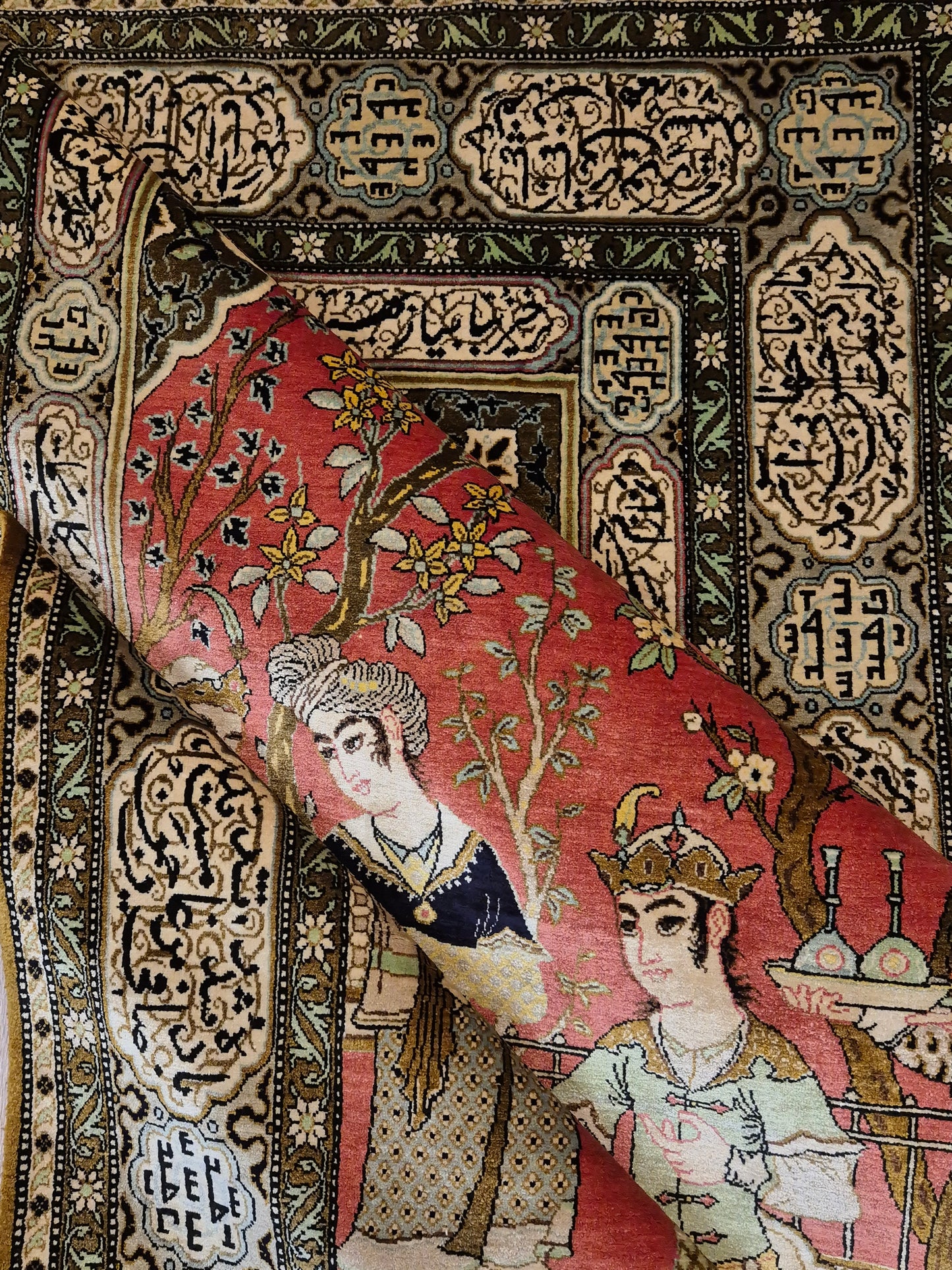 Ghom Seide Teppich Seide auf Seide figürliche Szene feine Knüpfung