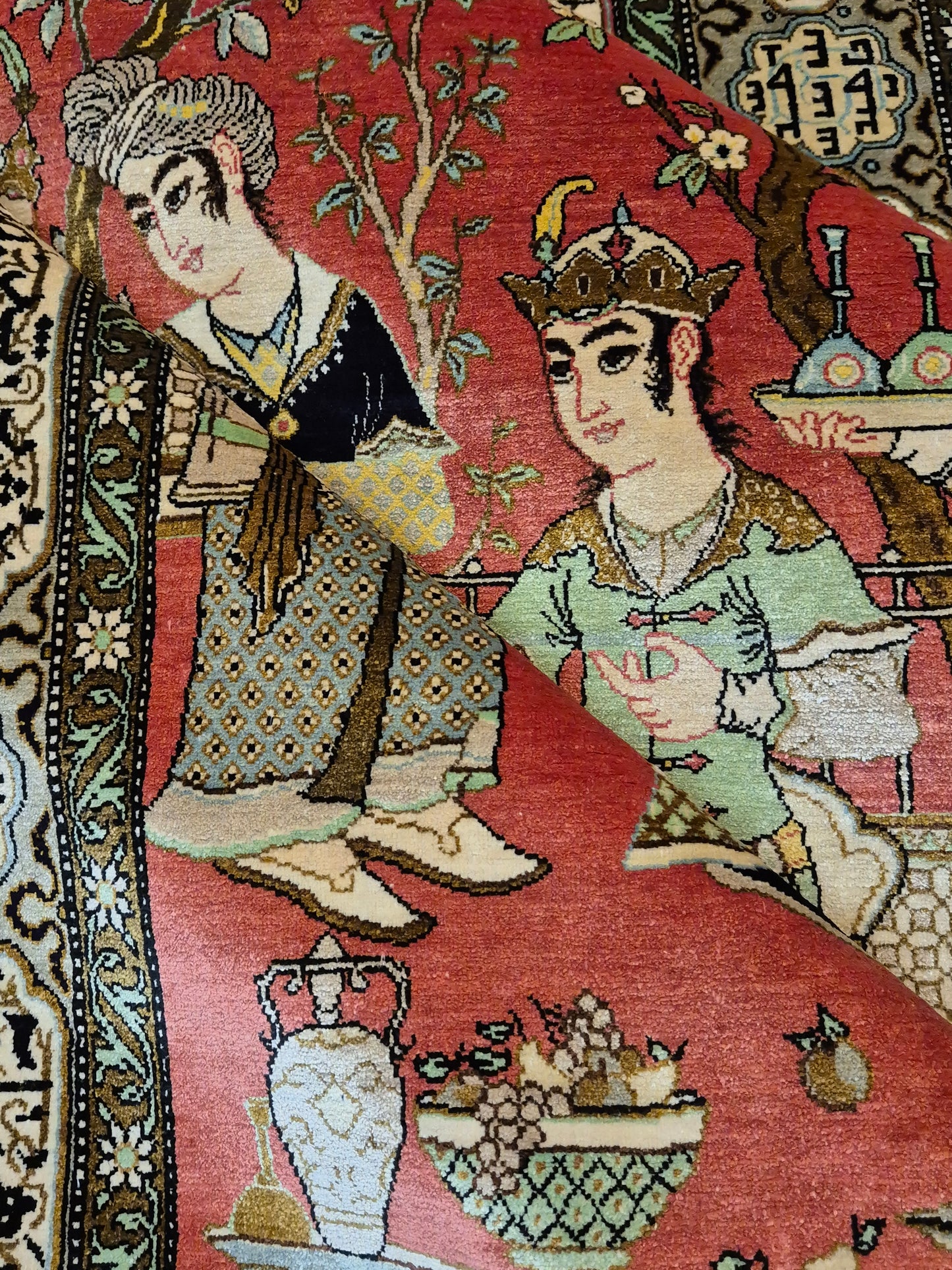 Ghom Seide Teppich Seide auf Seide figürliche Szene feine Knüpfung