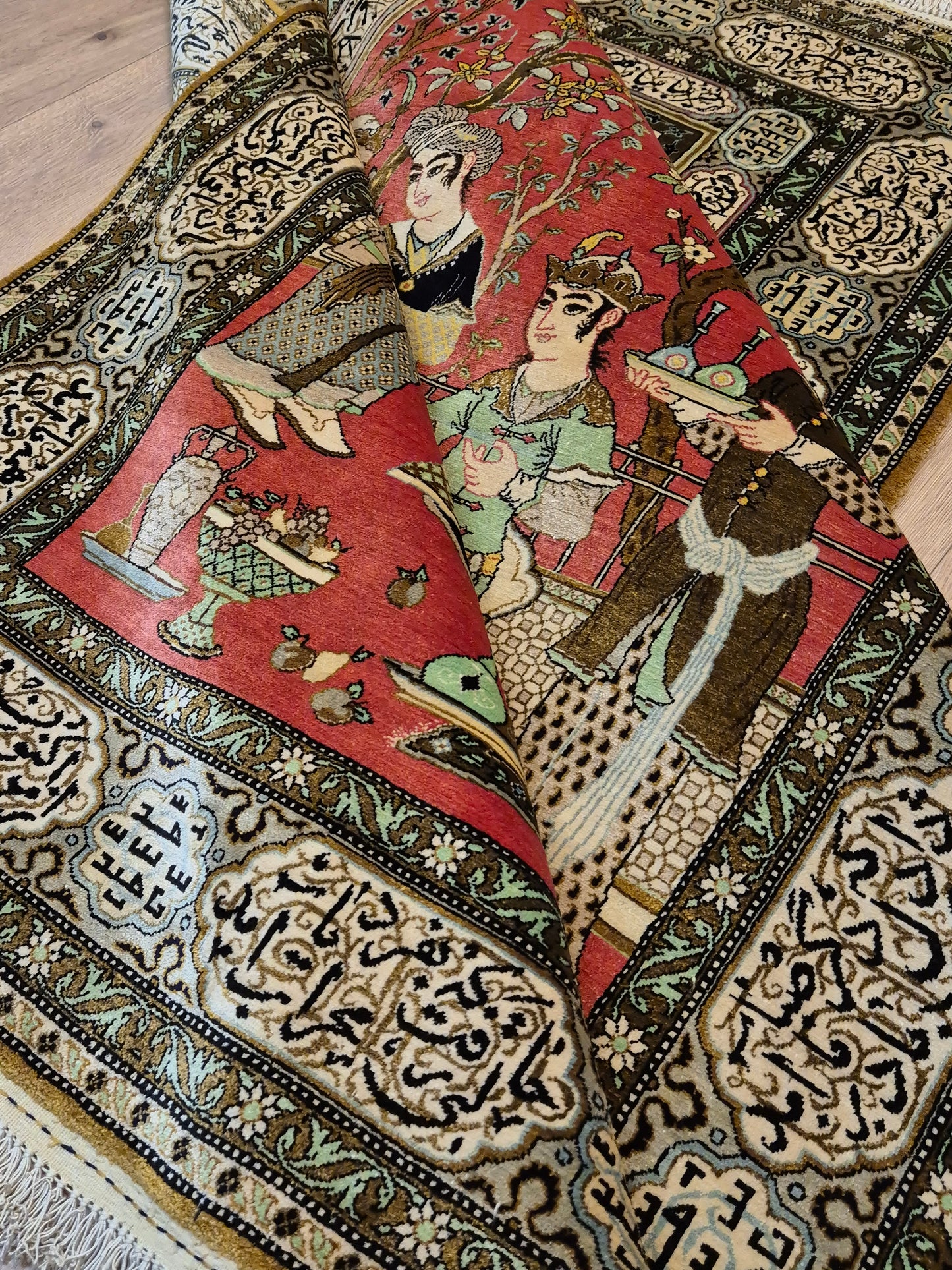 Ghom Seide Teppich Seide auf Seide figürliche Szene feine Knüpfung
