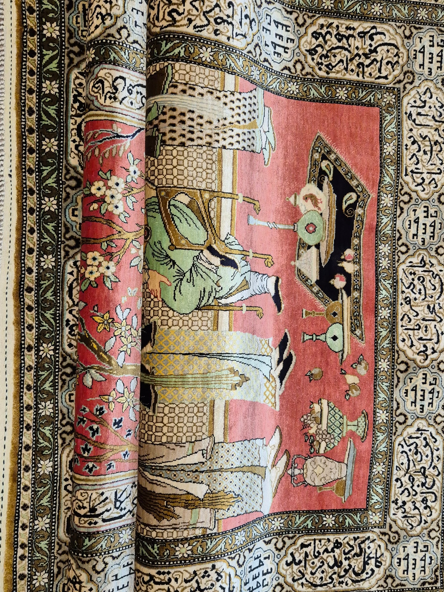 Ghom Seide Teppich Seide auf Seide figürliche Szene feine Knüpfung