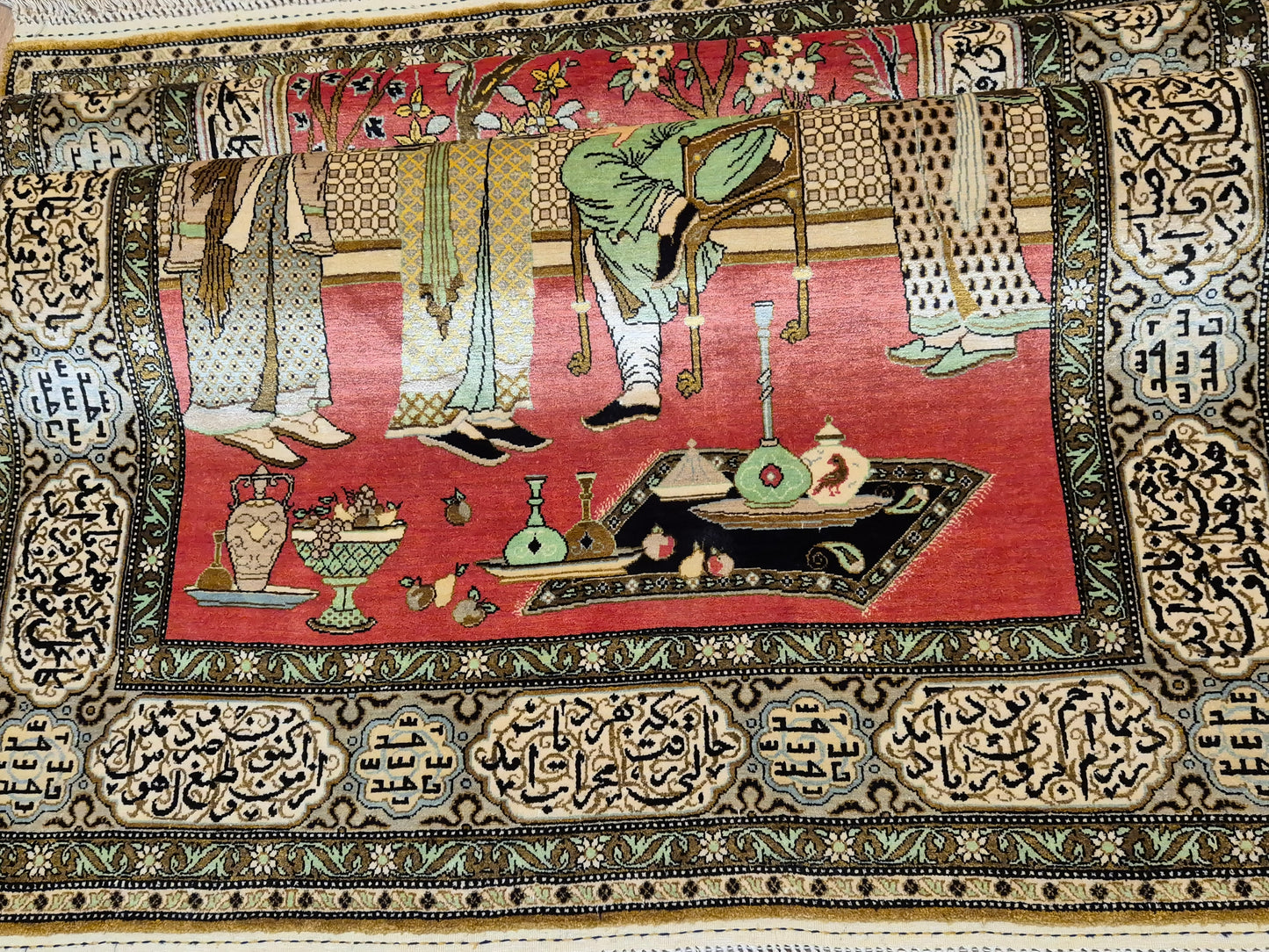 Ghom Seide Teppich Seide auf Seide figürliche Szene feine Knüpfung