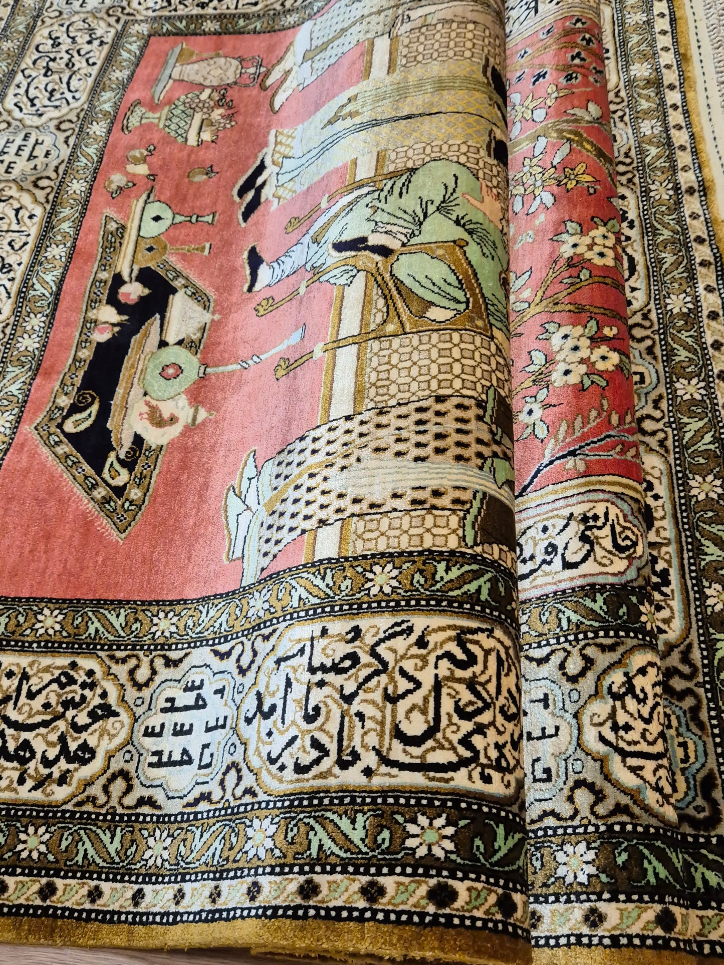 Ghom Seide Teppich Seide auf Seide figürliche Szene feine Knüpfung