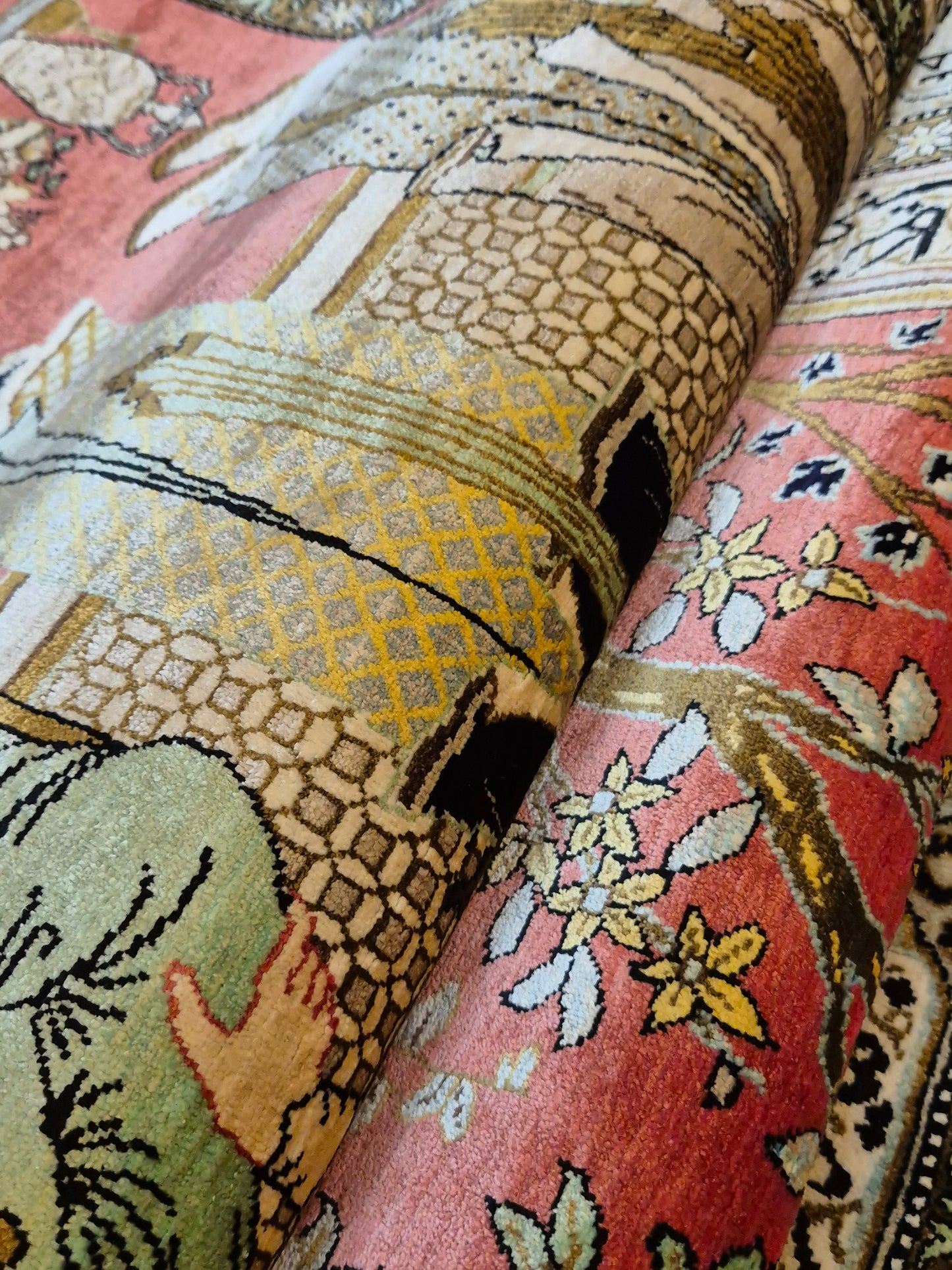 Ghom Seide Teppich Seide auf Seide figürliche Szene feine Knüpfung