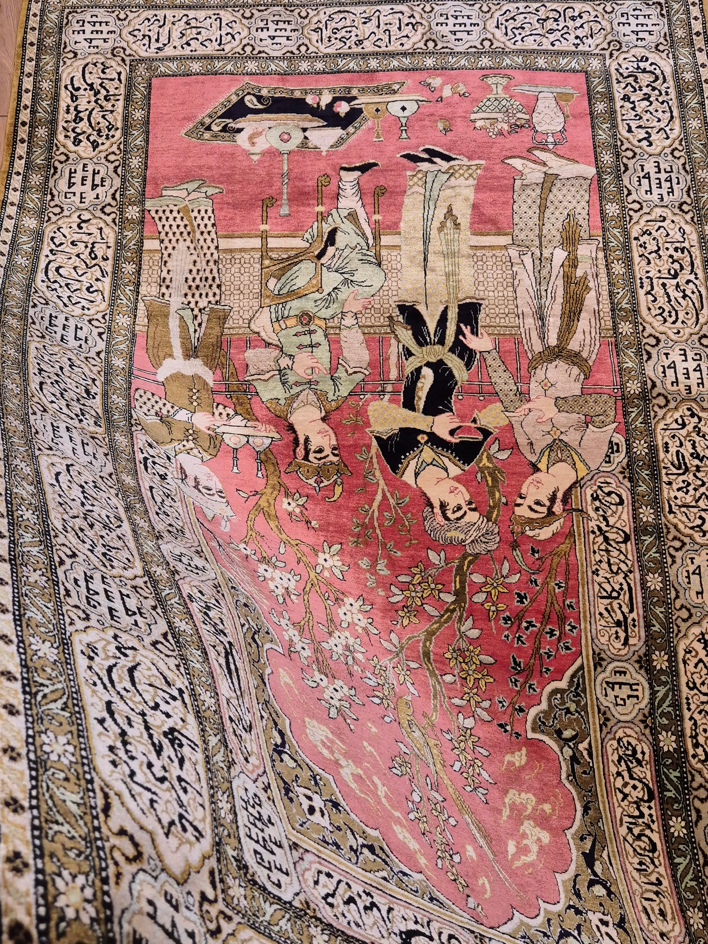 Ghom Seide Teppich Seide auf Seide figürliche Szene feine Knüpfung