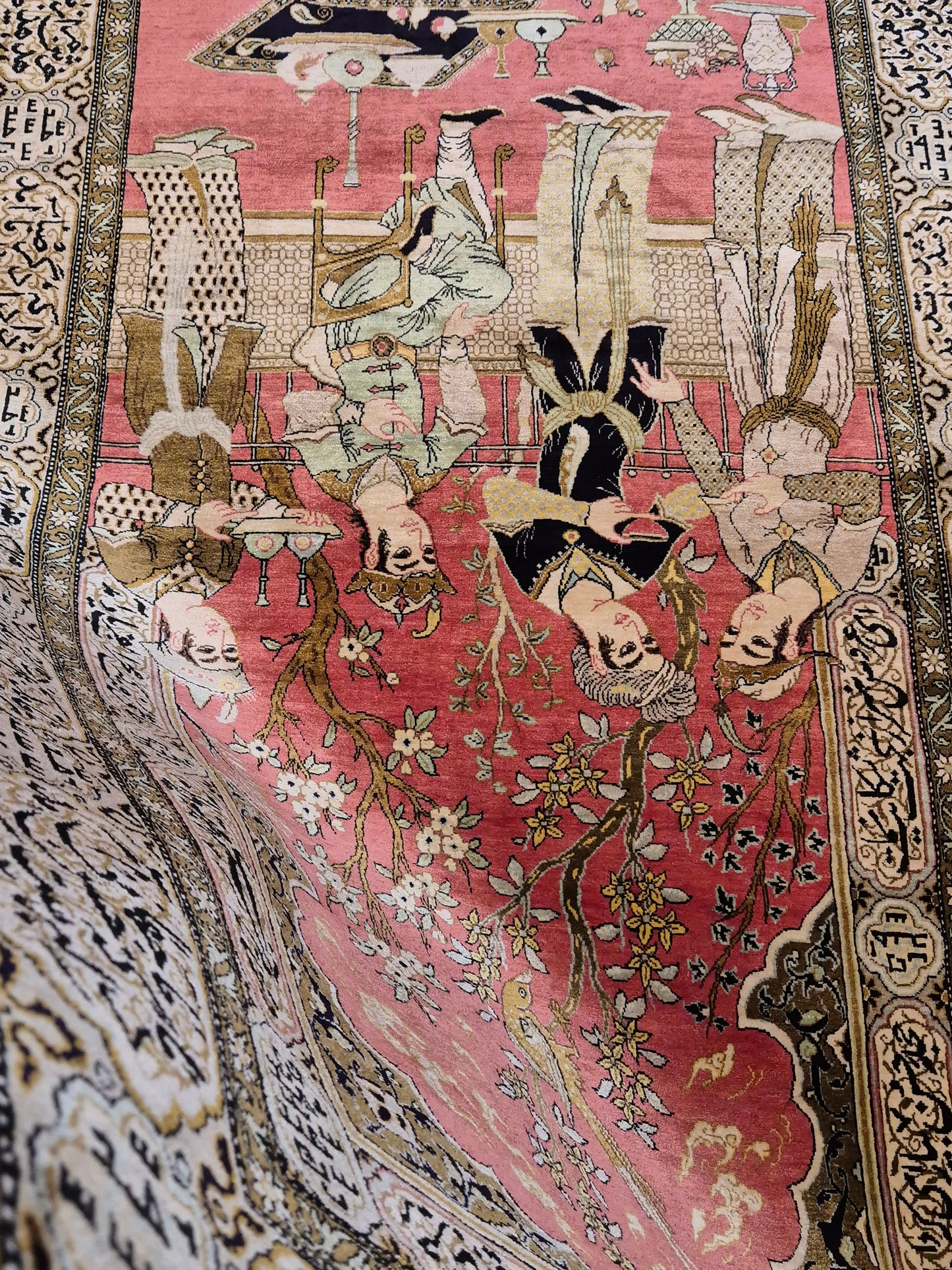 Ghom Seide Teppich Seide auf Seide figürliche Szene feine Knüpfung