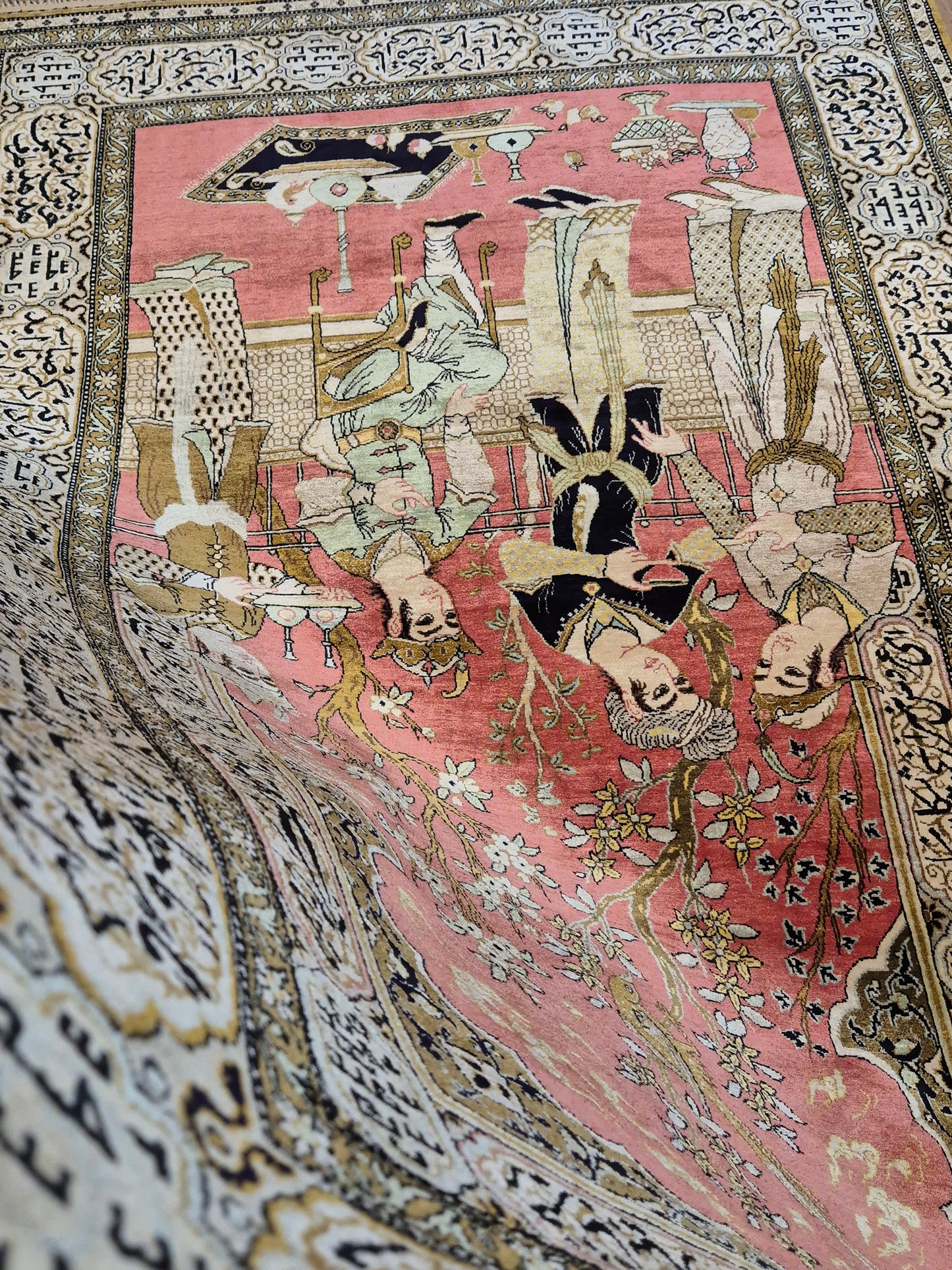 Ghom Seide Teppich Seide auf Seide figürliche Szene feine Knüpfung