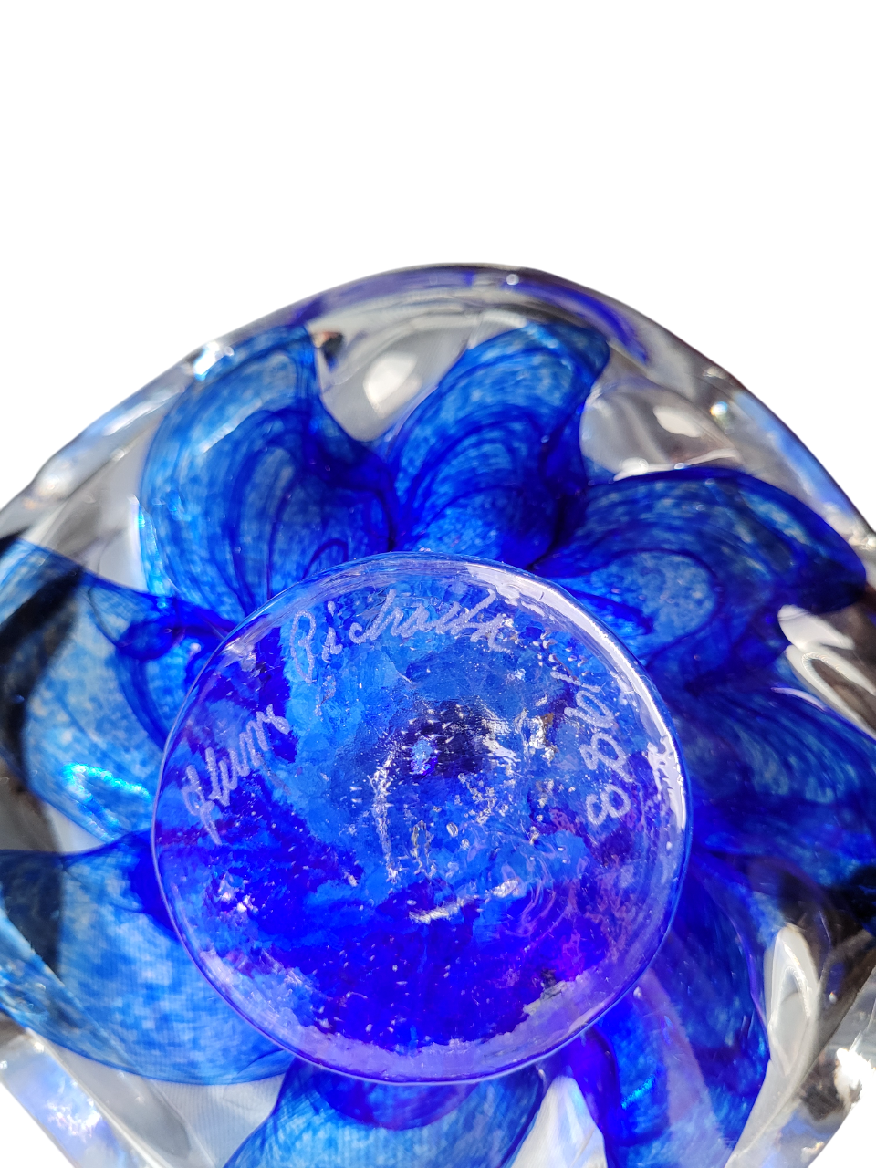 Glasschale Schale Murano-Stil Mundgeblasen signiert 1988 Blaue Blüte Vintage