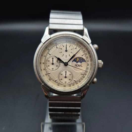 Royal Herren Uhr – Chronograph Look mit Mondphase und Stahlarmband