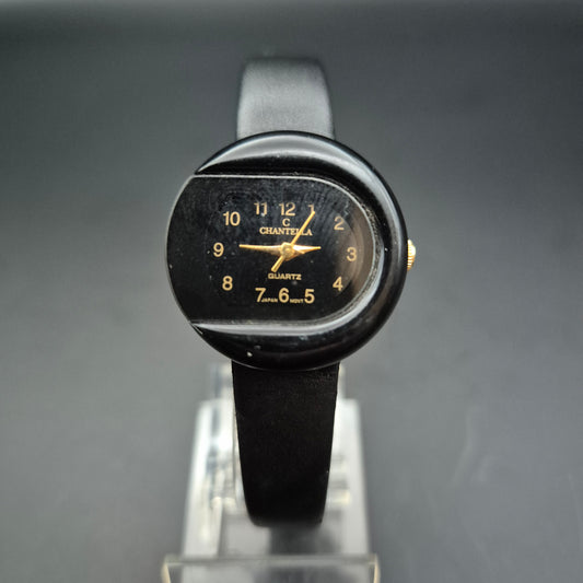 Chantela Damen Uhr – Schwarzes Retro Design mit Lederarmband
