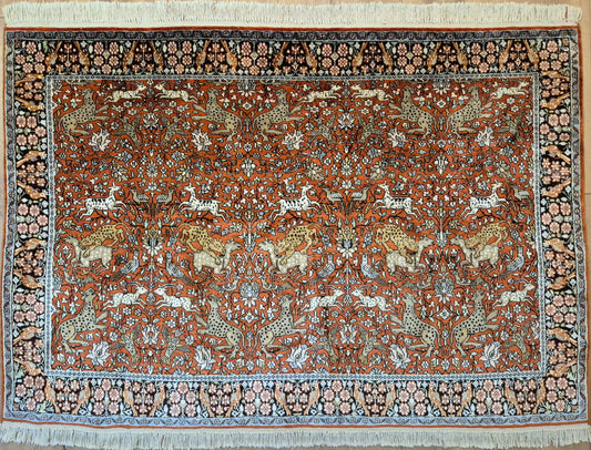 Kashmir Ghom Teppich Naturseide Tiermotiv feine Knüpfung