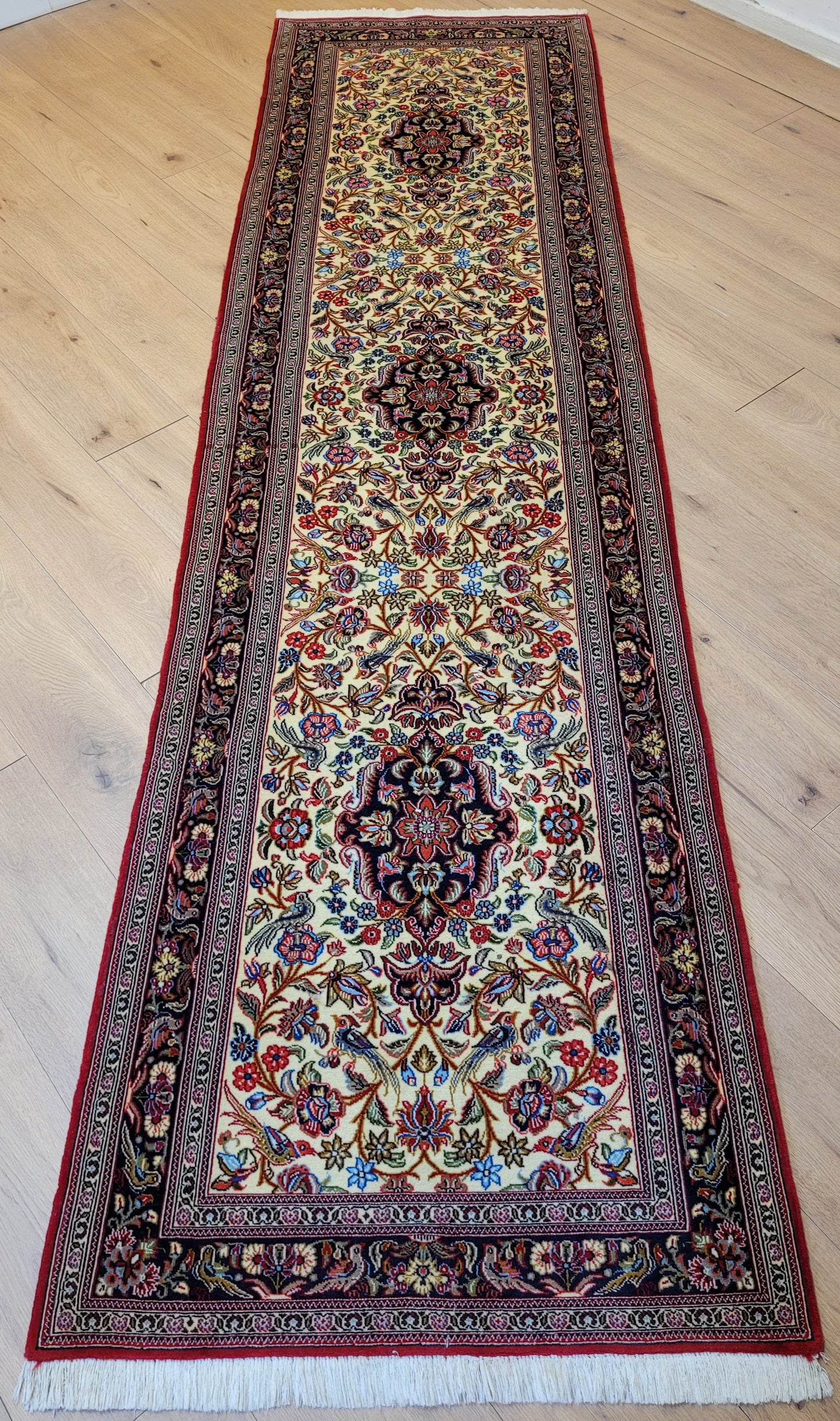 Ghom Läufer Korkwolle floral Vögel feine Knüpfkunst